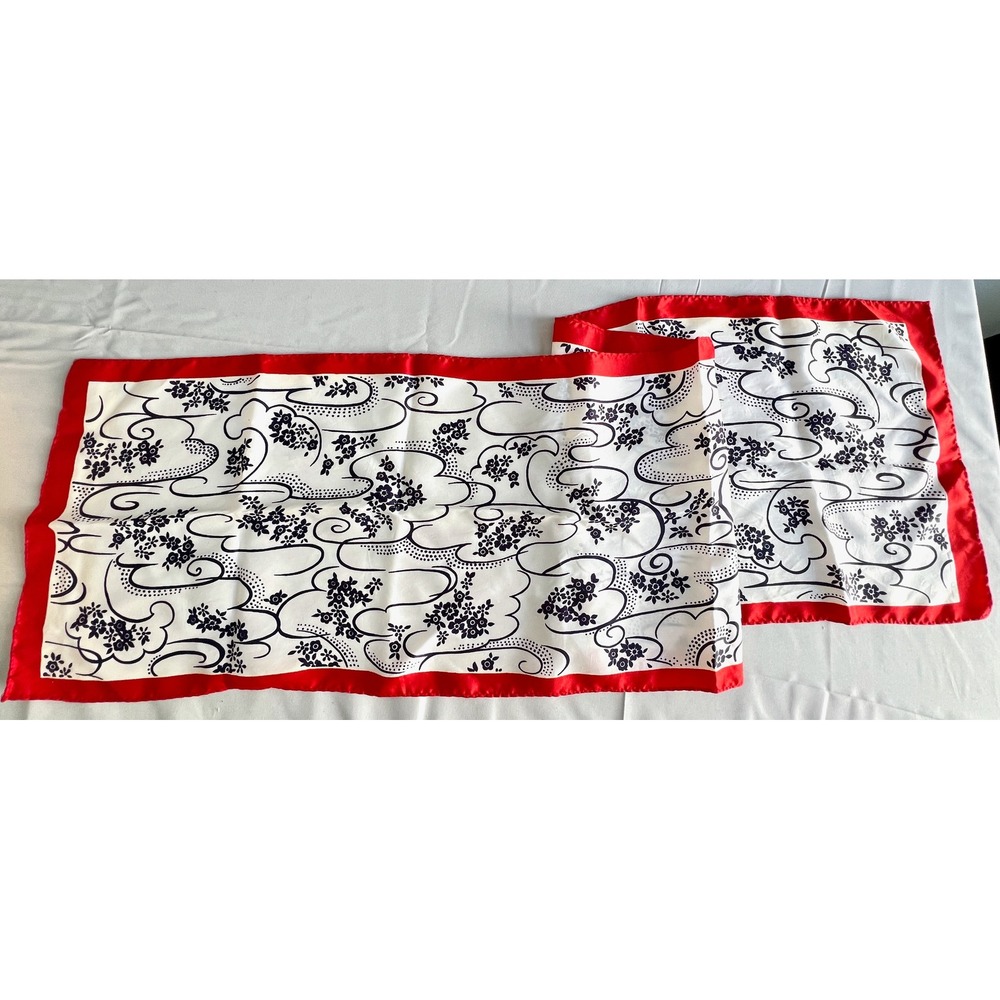 Vintage Made in Japan Floral Scarf Red White Navy Blue Acetate Oblong Scarf